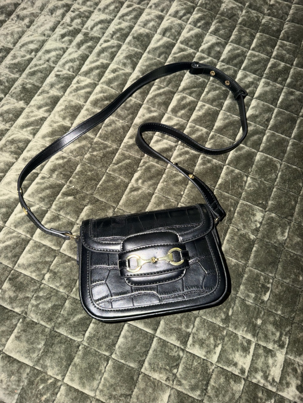 Black Croc-Embossed Crossbody Bag with Gold Hardware